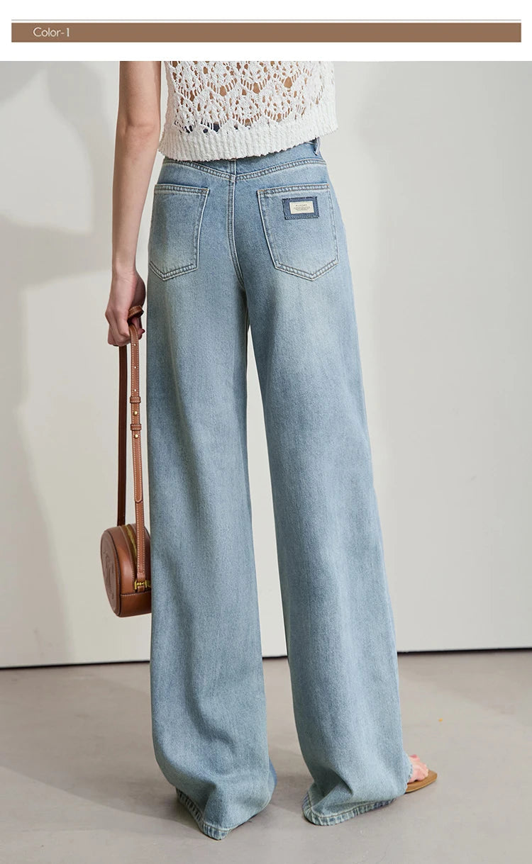 Women’s Blue Wide Leg Denim Jeans – Low Waist Loose Casual Trousers