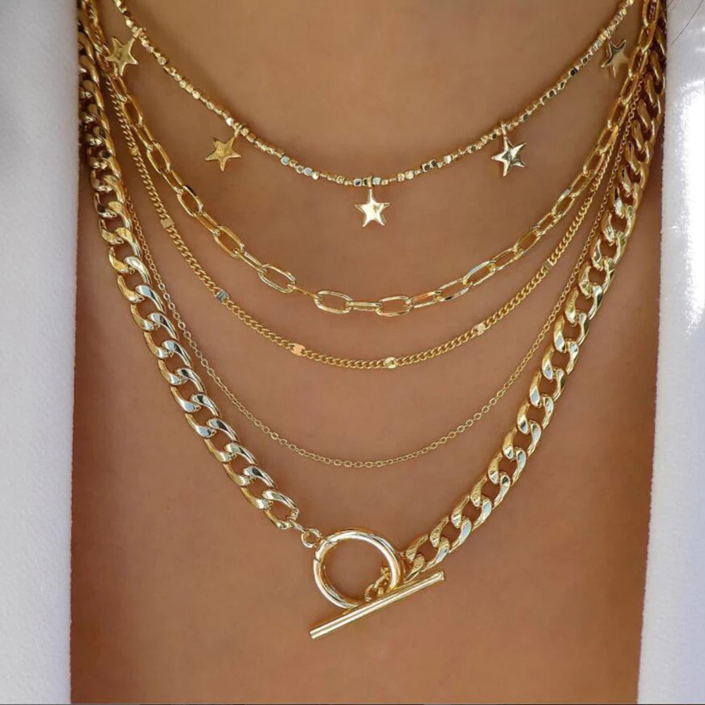 Layered Gold Tone Necklace Set – 5pcs Braided & Beaded Chains