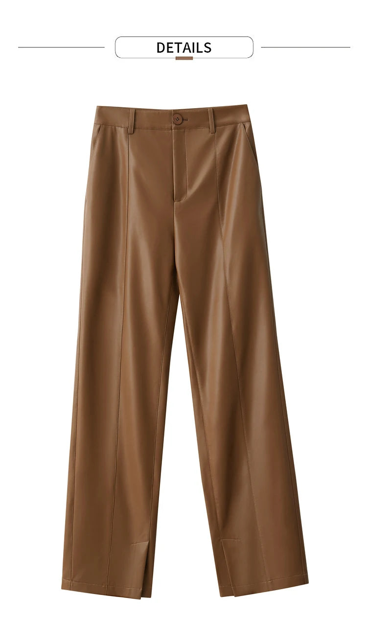 Women’s PU Leather Casual Pants – Loose Straight Floor-Length Trousers