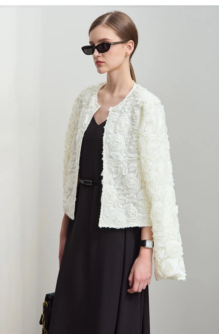 Women’s Elegant Short Jacket – Romantic Flower O-Neck Hook Button Coat