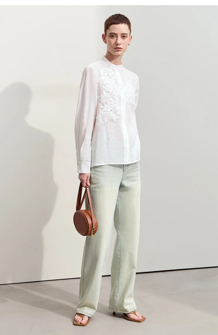 Women’s Autumn Stand Collar Lace Shirt – Elegant Shell Button Blouse