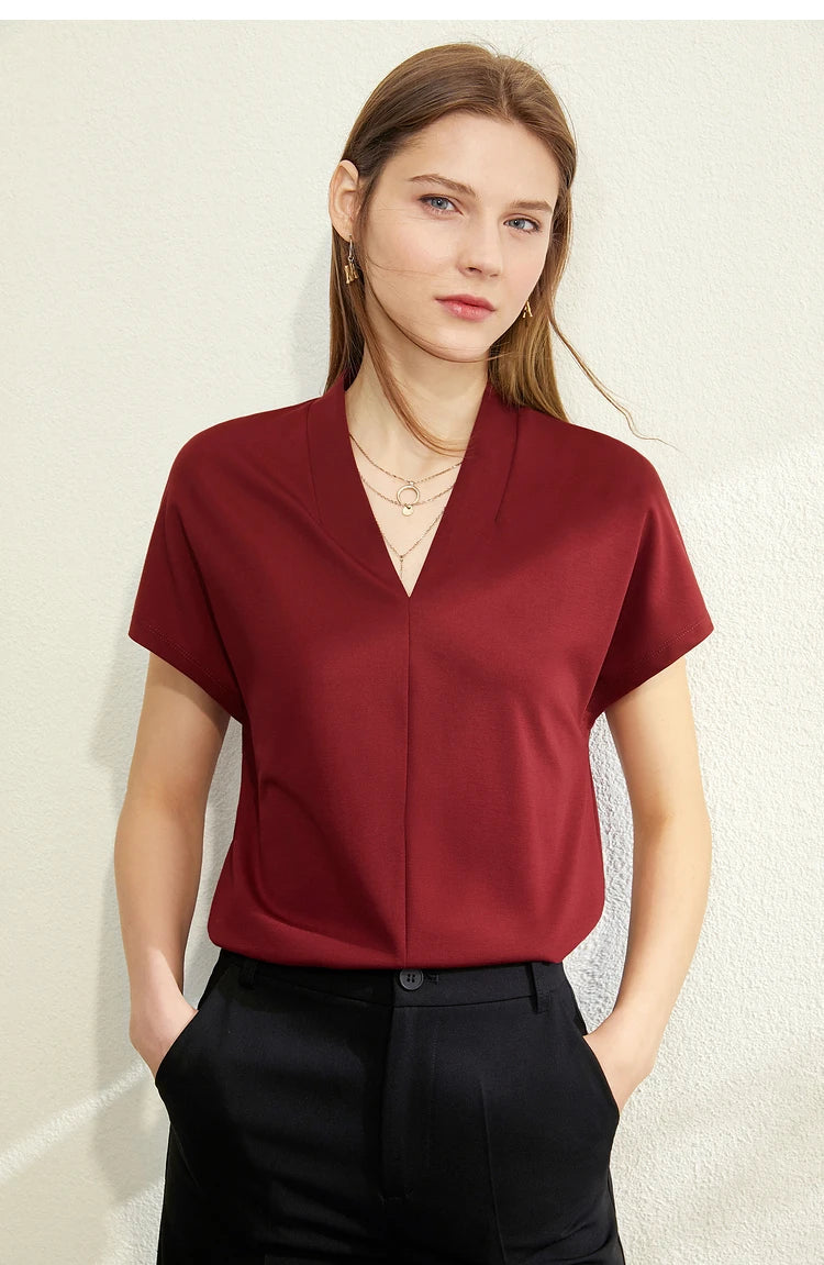 Women’s Classic V-Neck Short Sleeve T-Shirt – Casual Solid Stretch Top