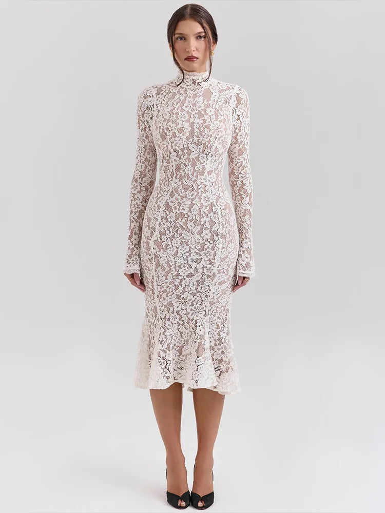 Women’s Elegant Lace Bodycon Dress – Long Sleeve Fishtail Evening Dress