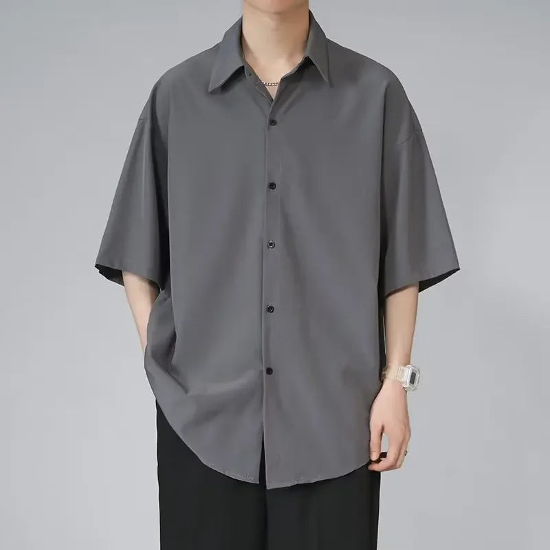 Men’s Ice Silk Summer Shirt Casual Loose Fit Korean Style Short Sleeve