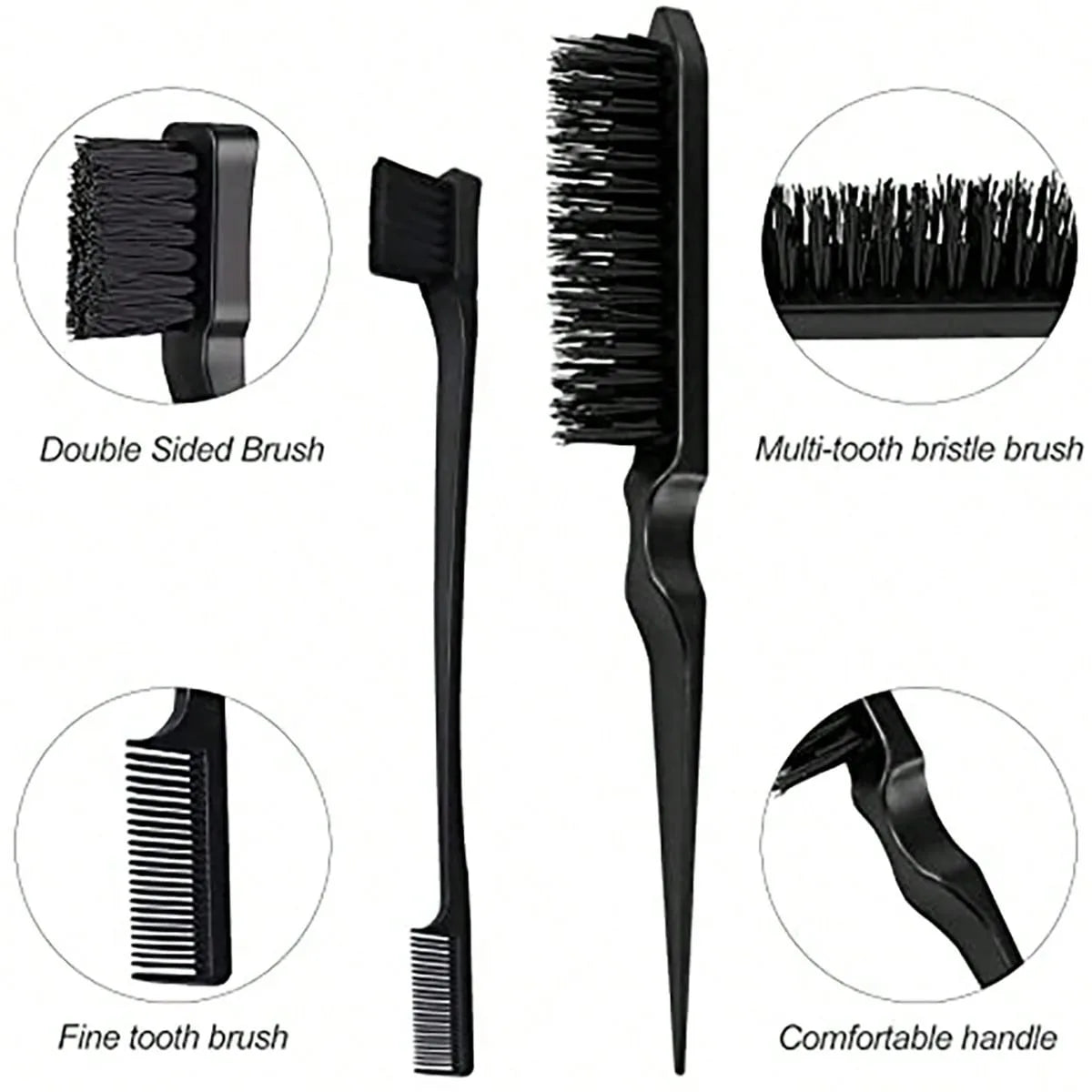 3pcs Hair Styling Comb Set – Edge Brush, Rat Tail & Detangling Tool