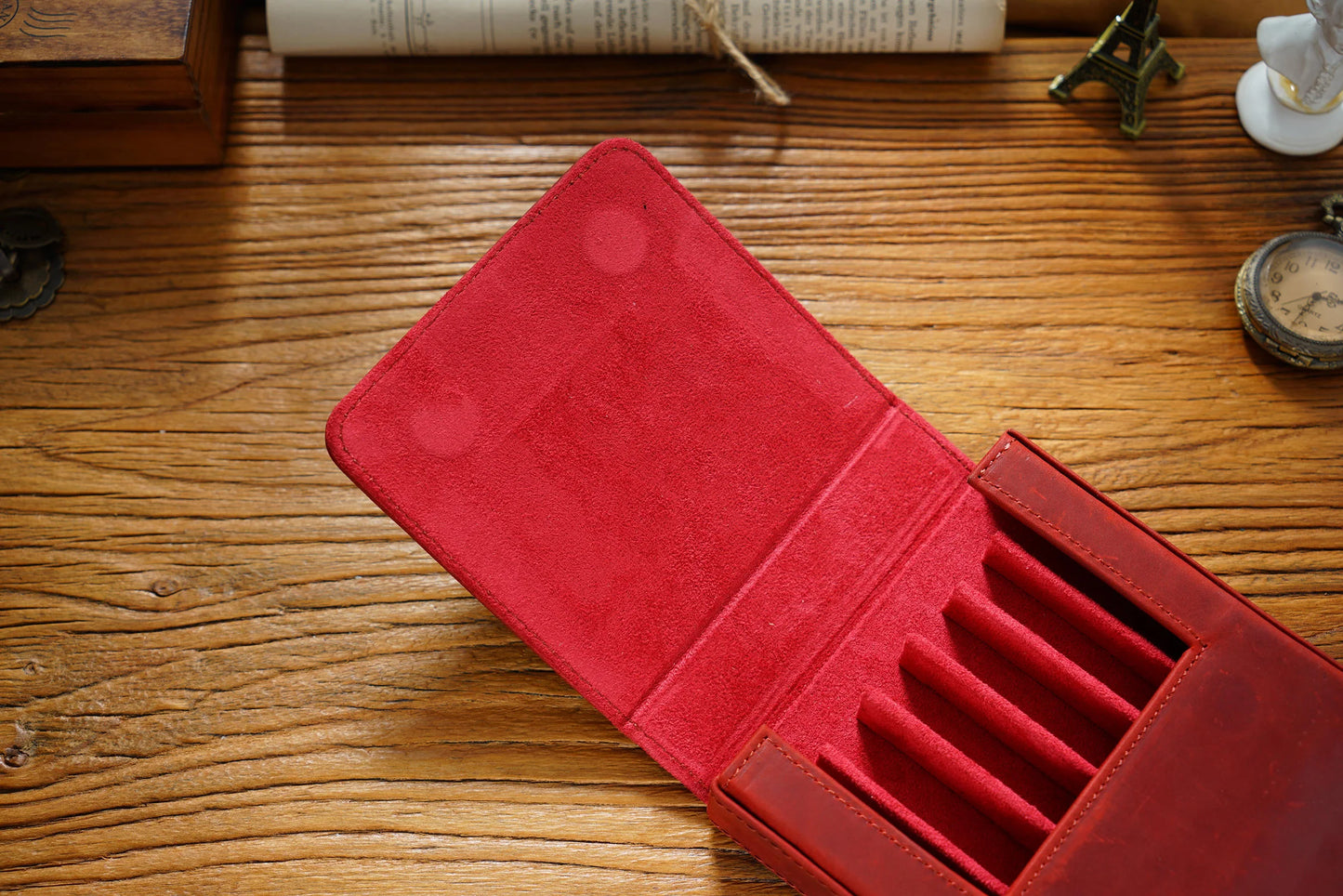 Vintage Genuine Leather Pen Pouch – 6-Slot Removable Tray Case
