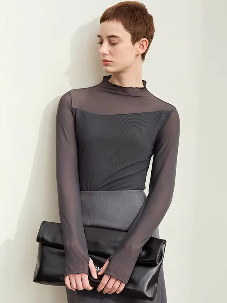 Women’s Mesh Half-High Neck Slim T-Shirt – Retro Office Spring Top