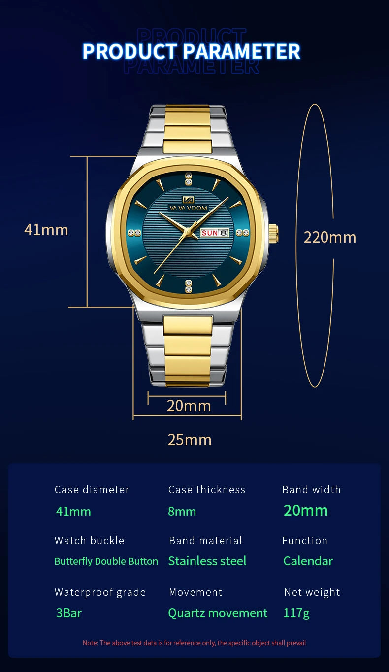 Luxury Diamond Men’s Watch – Stainless Steel Dual Date & Week Display