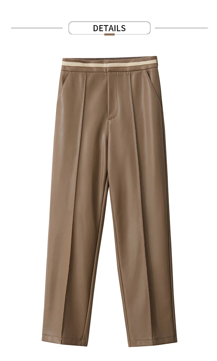 Women’s PU Leather Casual Pants – Loose Straight Floor-Length Trousers