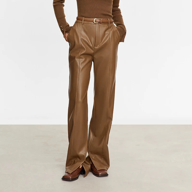 Women’s PU Leather Casual Pants – Loose Straight Floor-Length Trousers