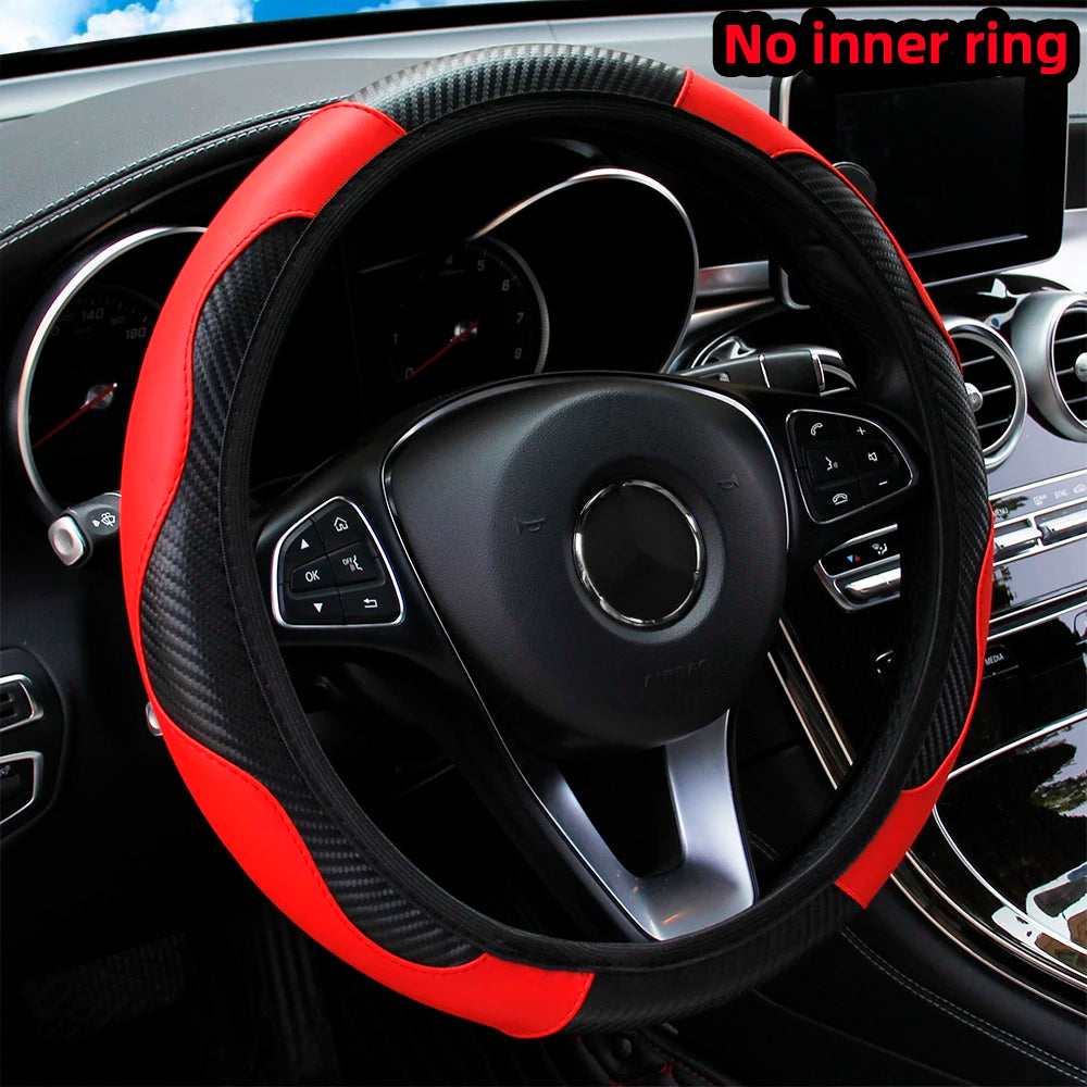 PU Carbon Fiber Leather Steering Wheel Cover 14.5–15 Inch Car Accessory