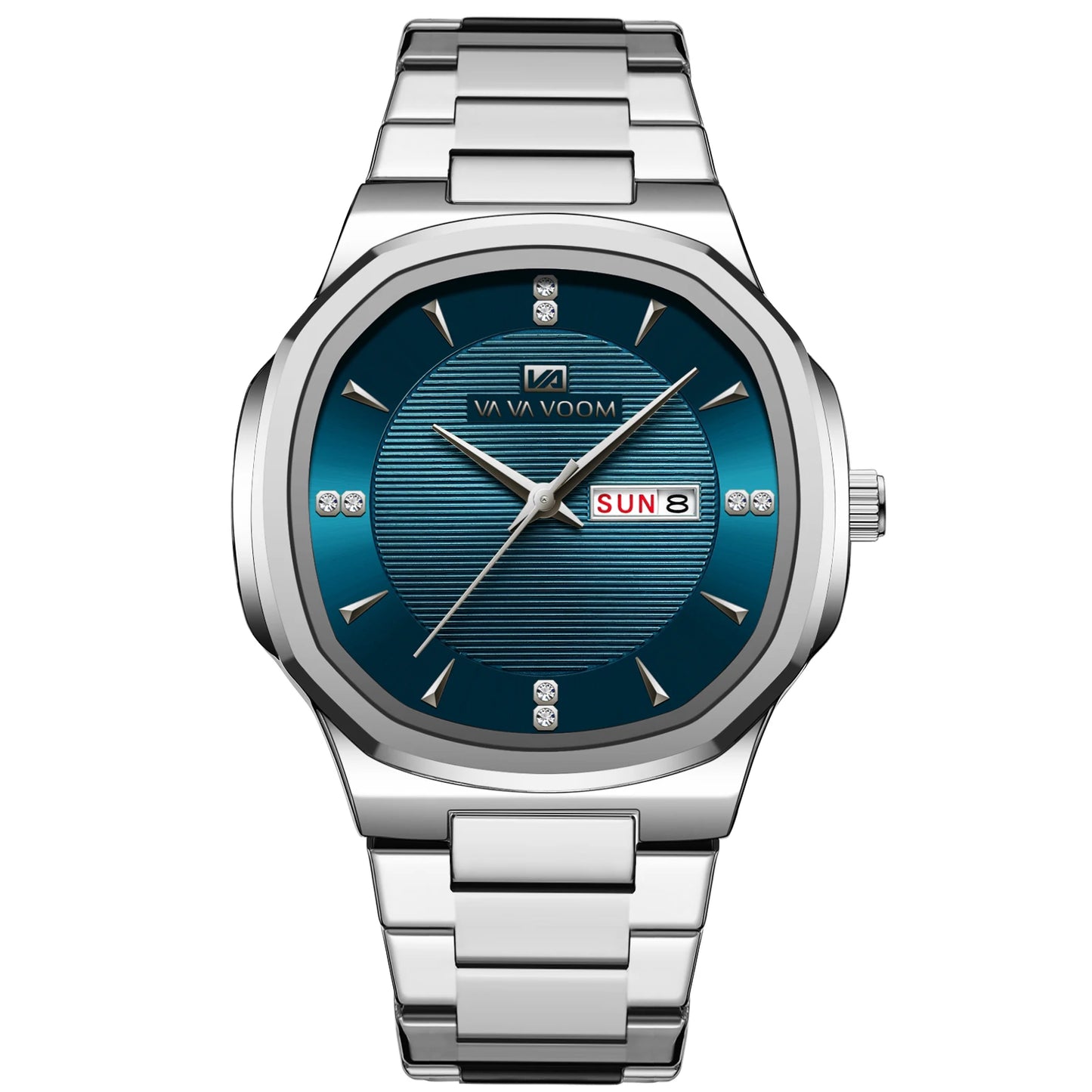 Luxury Diamond Men’s Watch – Stainless Steel Dual Date & Week Display