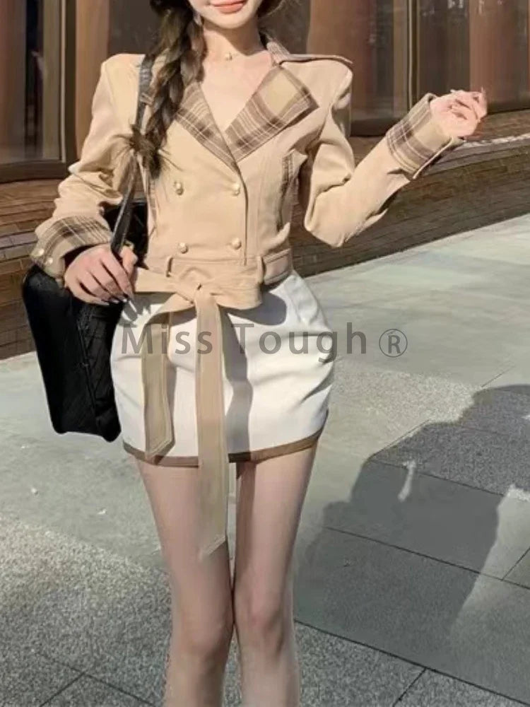 Women’s Winter 2-Piece Set – Belted Coat & White Mini Skirt Suit