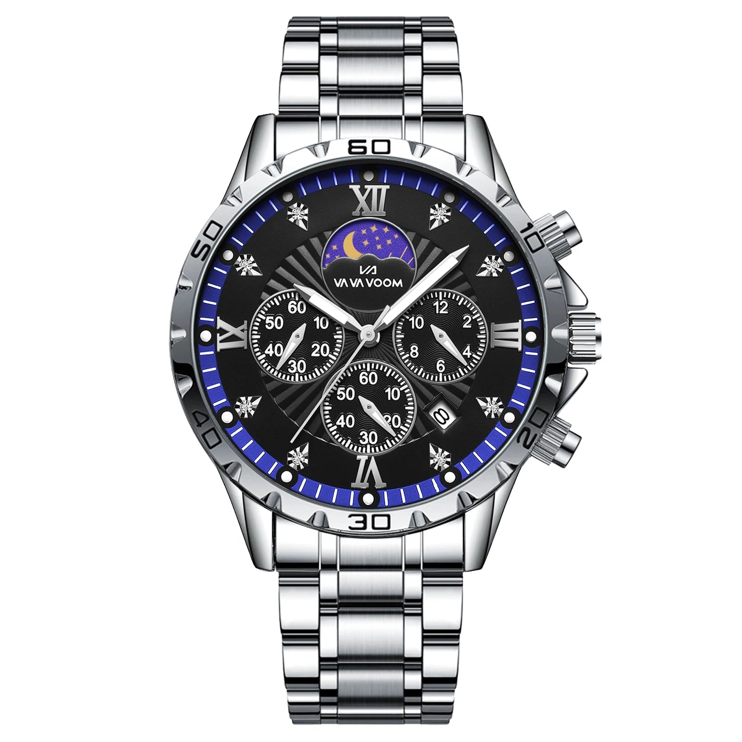 43mm Stainless Steel Men’s Quartz Watch – Diamond Night Glow