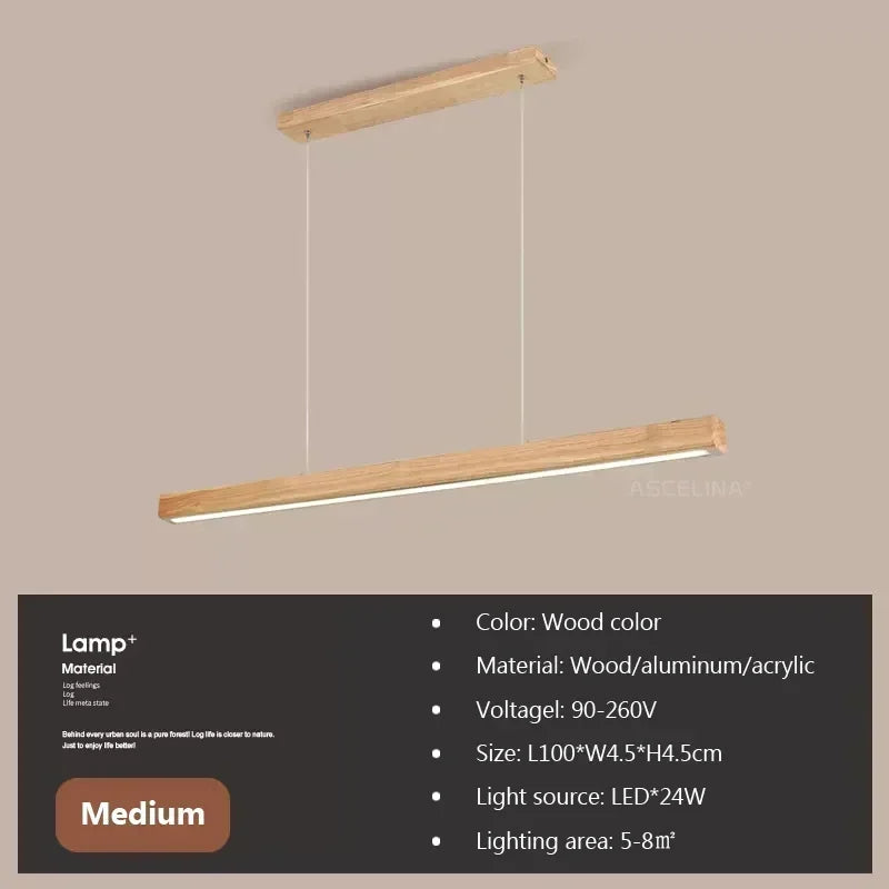 Nordic Wood LED Pendant Light – Long Strip Dining Table Fixture