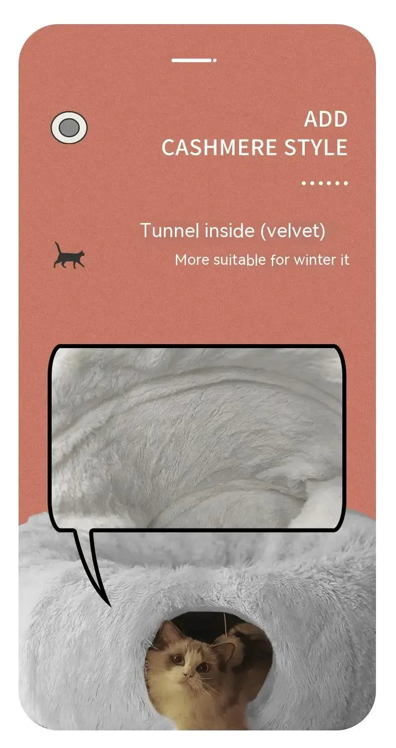 Plush Donut Cat Bed with Tunnel & Peephole – Indoor Fluffy Hideout