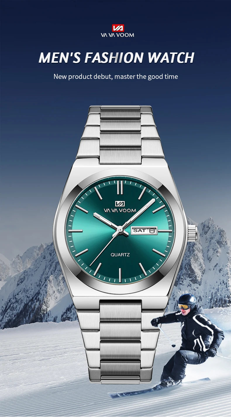Men’s Stainless Steel 40mm Quartz Watch – Double Calendar & Waterproof