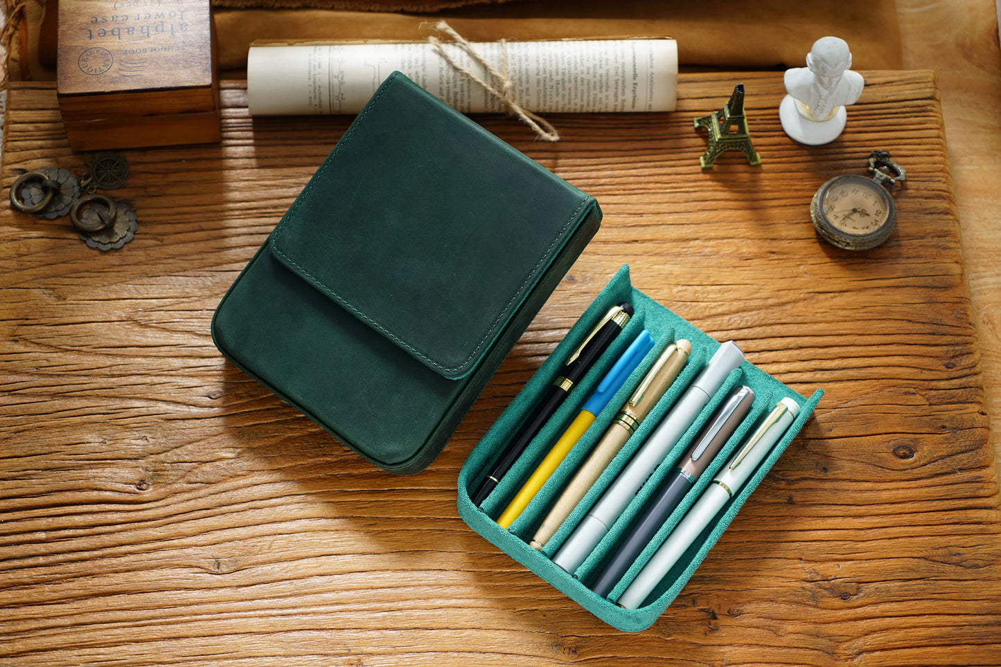Vintage Genuine Leather Pen Pouch – 6-Slot Removable Tray Case