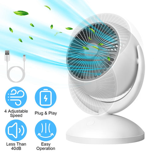 White desk fan with USB cable, features listed, and air blowing effect on a white background