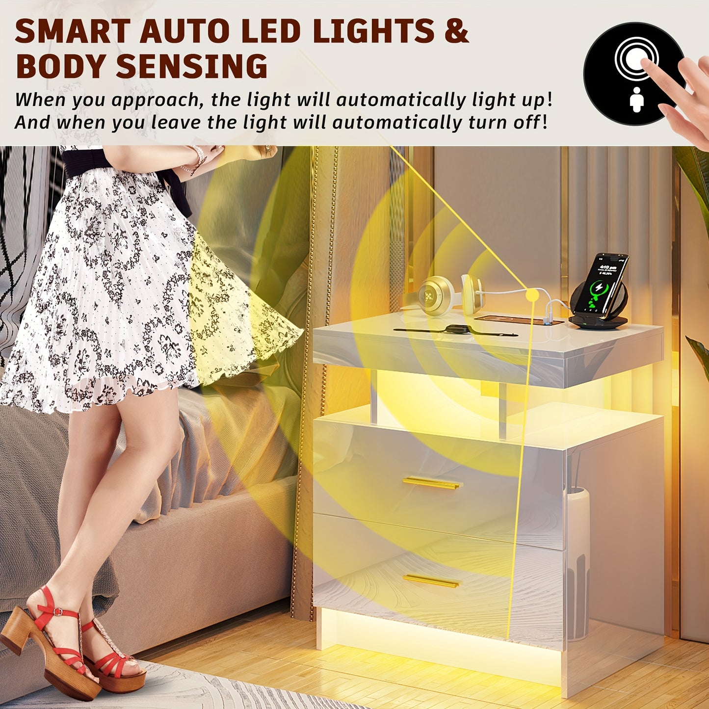 Gurexl LED Bedside Table with USB-C Charging & Motion Sensor