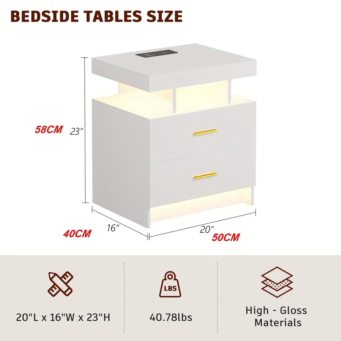 Gurexl LED Bedside Table with USB-C Charging & Motion Sensor