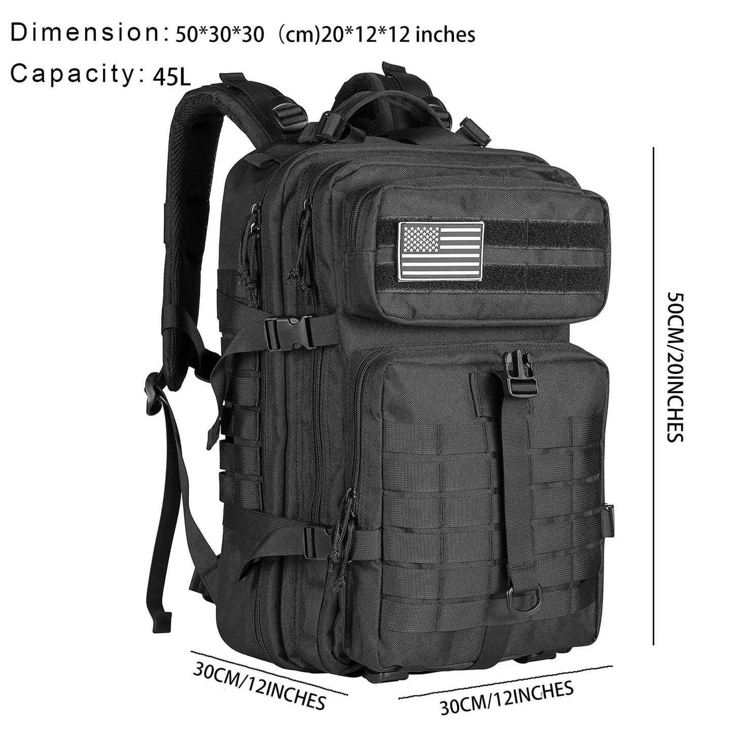 Military-style rucksack with multiple compartments for outdoor use