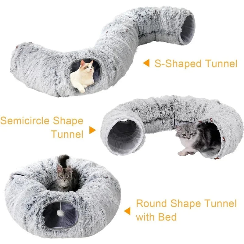 Front view of plush donut cat bed with tunnel and peephole for indoor cats