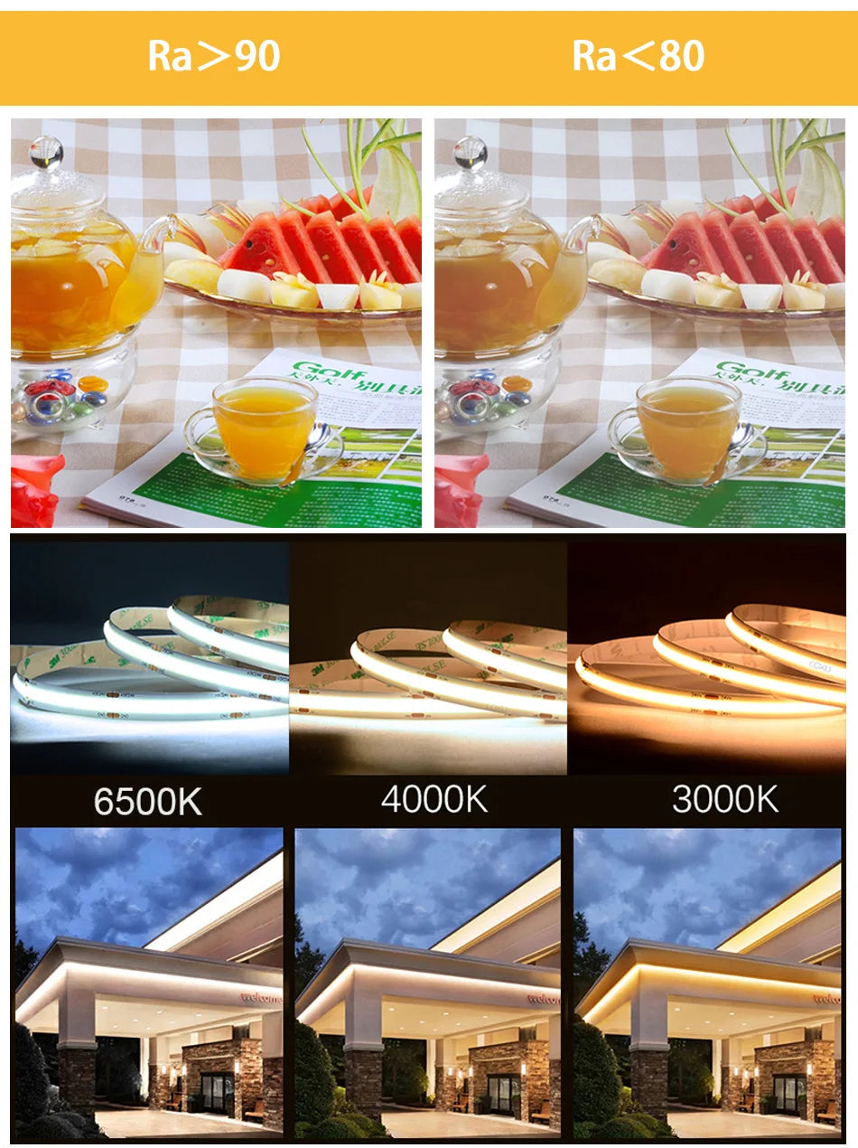 COB LED Strip Light – High Density 320/480 LEDs/m, 16.4ft Tape