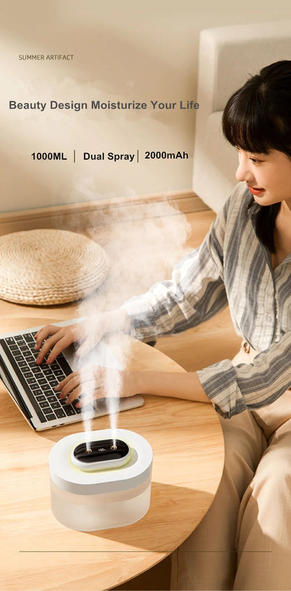 1L Double Nozzle LED Air Humidifier – Rechargeable Ultrasonic Diffuser