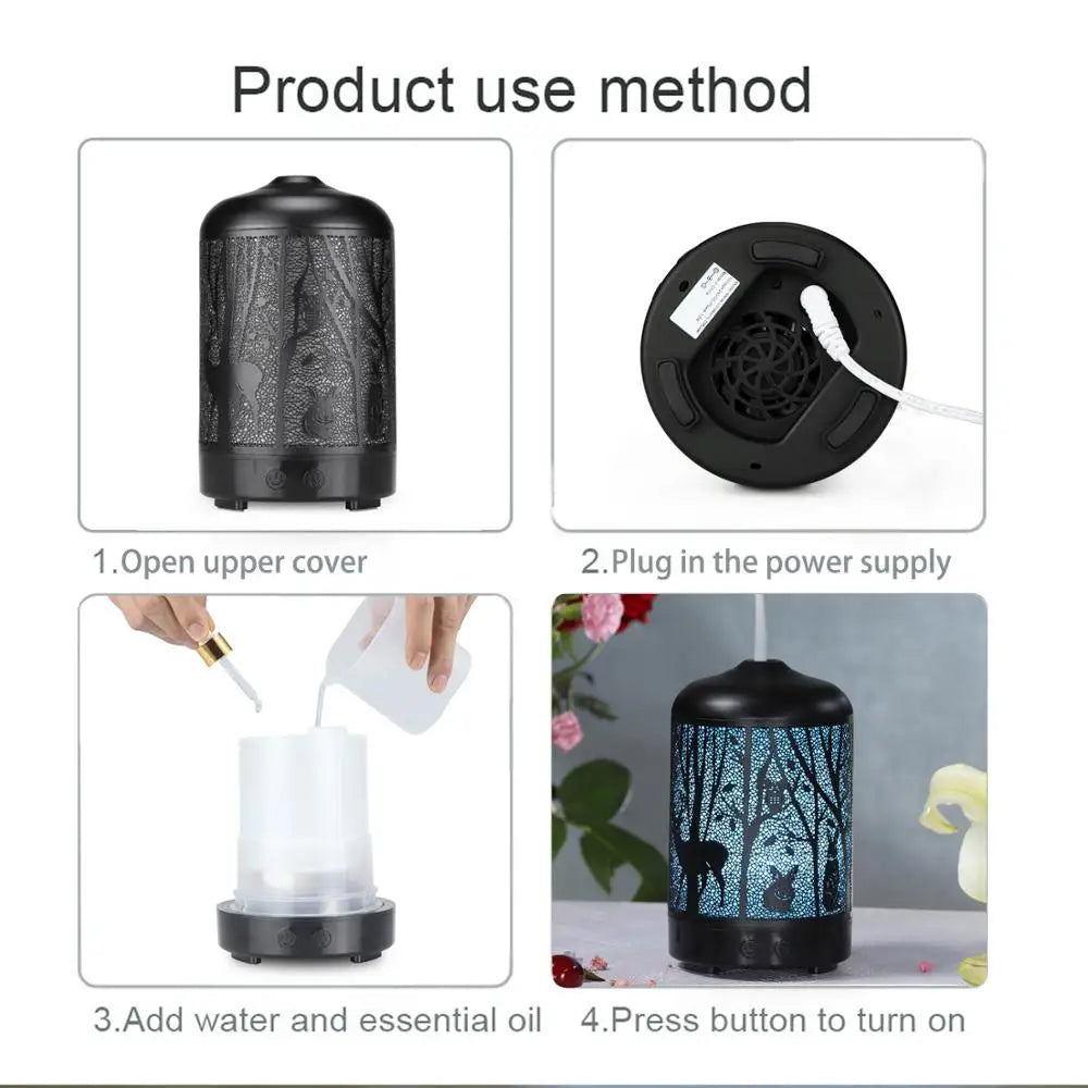 100ml Ultrasonic Aroma Diffuser – Metal Design & 7-Color LED