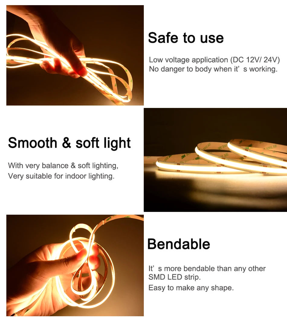 COB LED Strip Light – High Density 320/480 LEDs/m, 16.4ft Tape