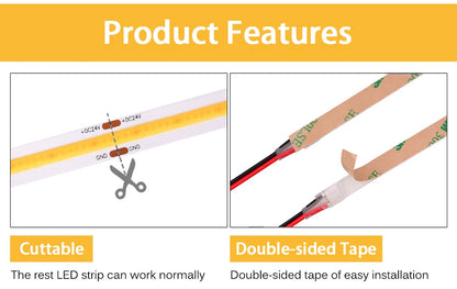 COB LED Strip Light – High Density 320/480 LEDs/m, 16.4ft Tape