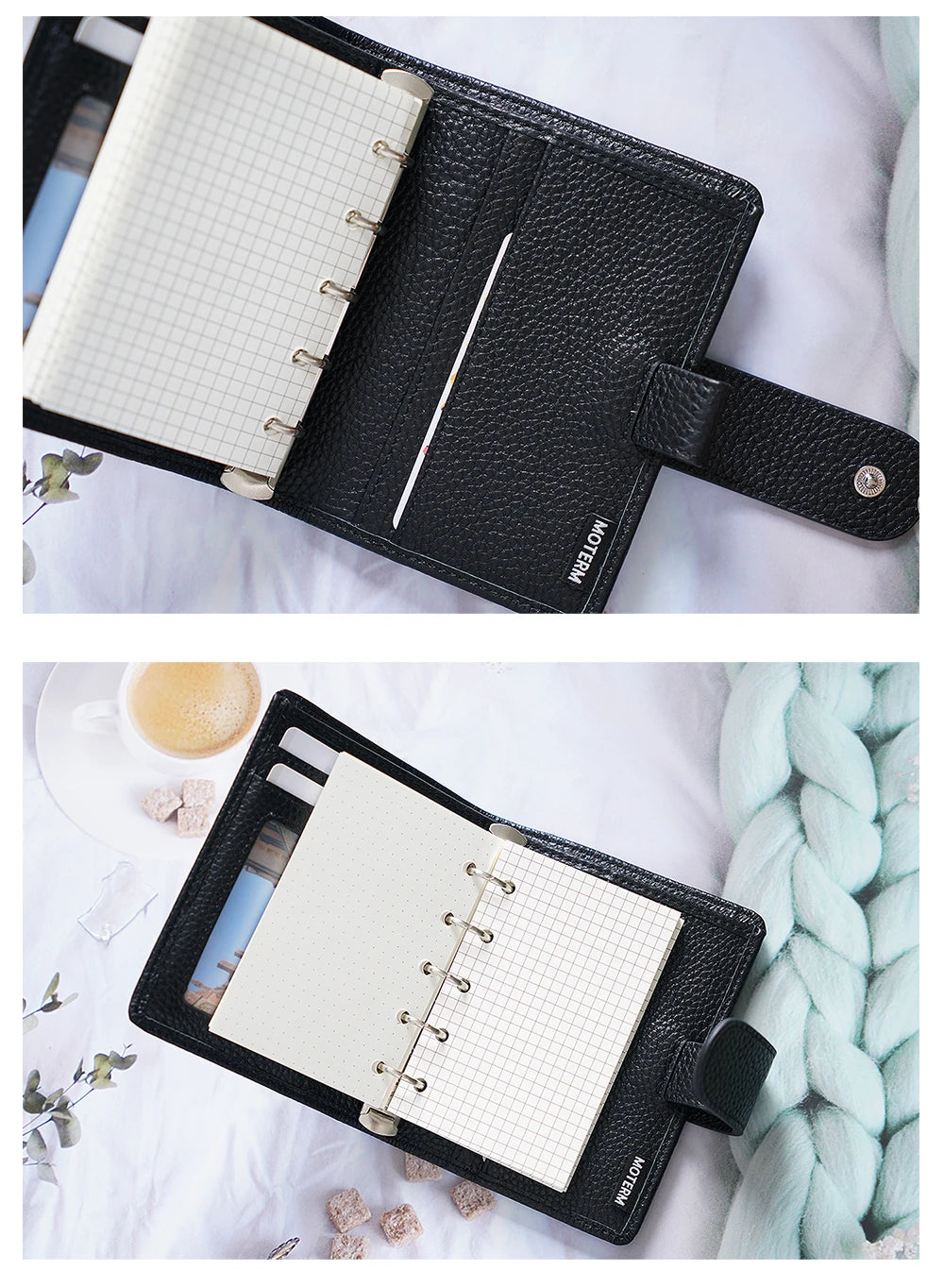 A8 / M5 Mini Rings Planner – Pebbled Grain Cowhide Leather Organizer