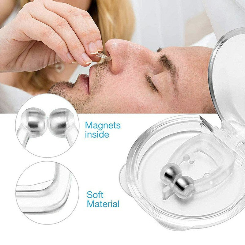 Person using a nasal strip with close-up details of magnets and soft material on a white background.