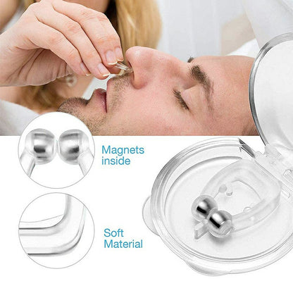 Person using a nasal strip with close-up details of magnets and soft material on a white background.