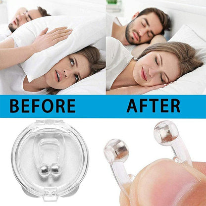 Before and after comparison of a couple sleeping with earplugs, showing improved sleep quality.