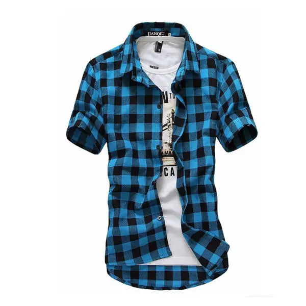 Men’s Red & Black Plaid Shirt – Short Sleeve Summer Checkered Top