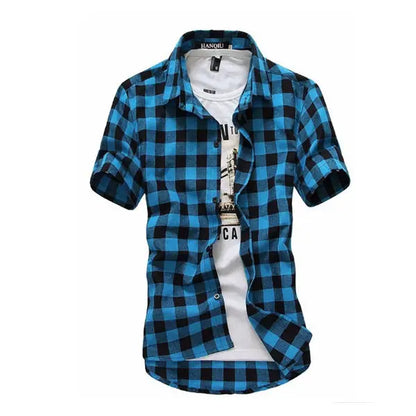 Men’s Red & Black Plaid Shirt – Short Sleeve Summer Checkered Top