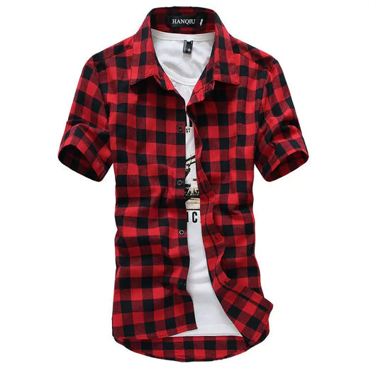 Men’s Red & Black Plaid Shirt – Short Sleeve Summer Checkered Top