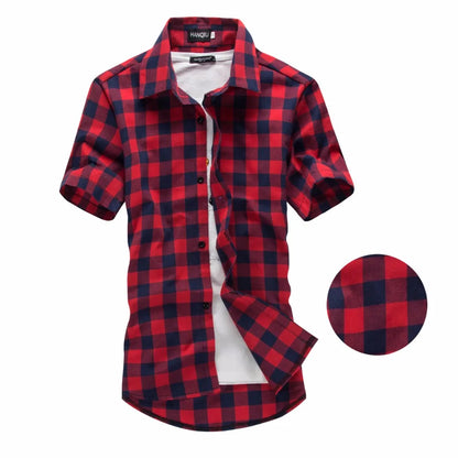 Men’s Red & Black Plaid Shirt – Short Sleeve Summer Checkered Top
