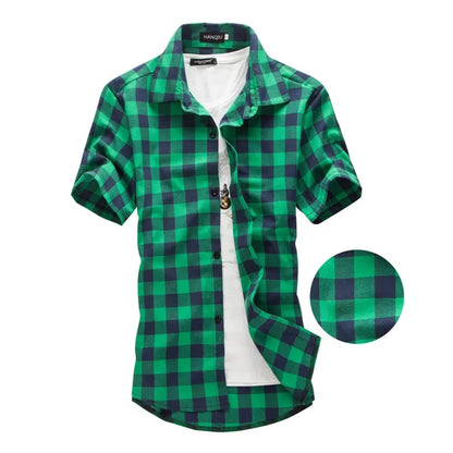 Men’s Red & Black Plaid Shirt – Short Sleeve Summer Checkered Top