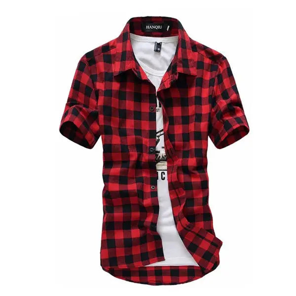 Men’s Red & Black Plaid Shirt – Short Sleeve Summer Checkered Top
