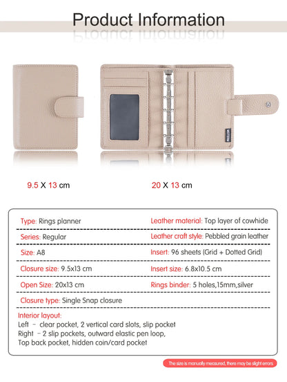 A8 / M5 Mini Rings Planner – Pebbled Grain Cowhide Leather Organizer