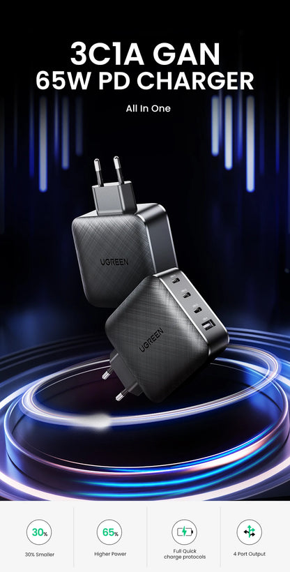 65W GaN USB-C Charger – Quick Charge 4.0 PD Fast Charger for Phones & Laptops