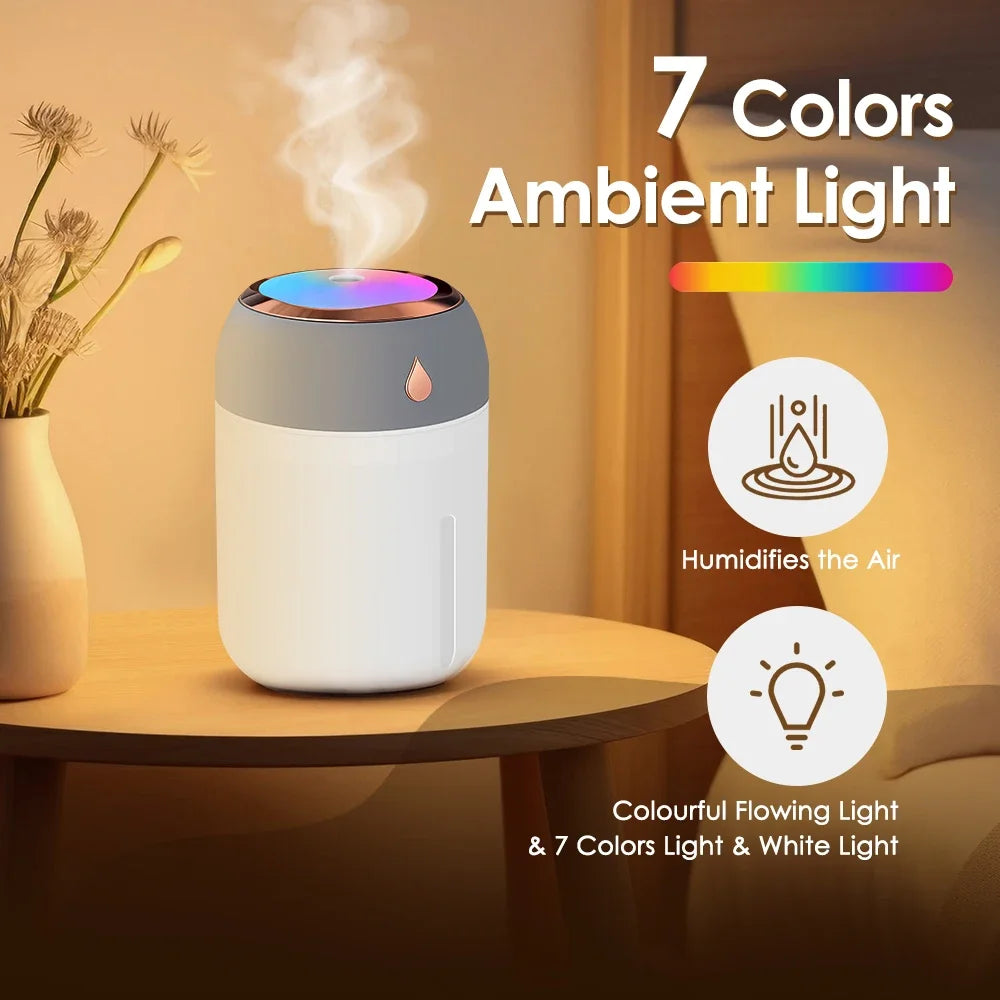 Humidifier with ambient light feature on a table, emitting steam.