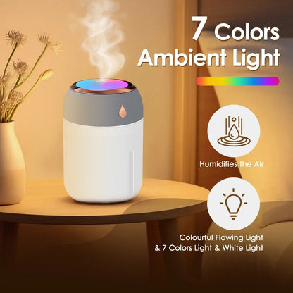 Humidifier with ambient light feature on a table, emitting steam.