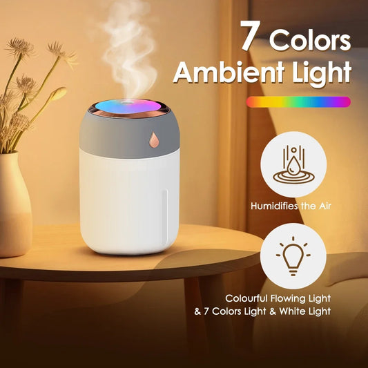 Humidifier with ambient light feature on a table, emitting steam.