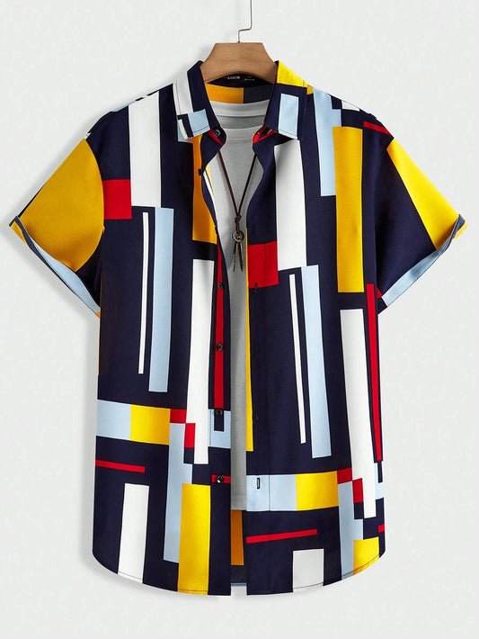 Unisex Block Pattern Shirt – Casual Short Sleeve Button-Up