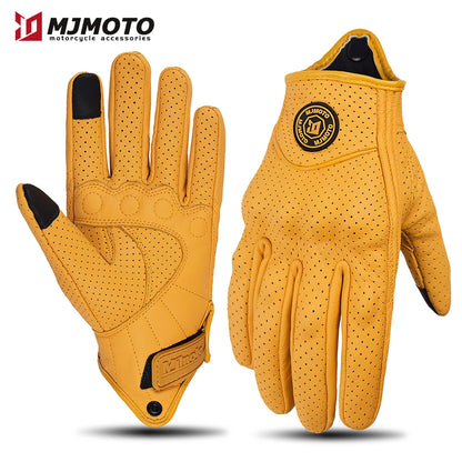 Retro Yellow Leather Motorcycle Gloves for Men & Women