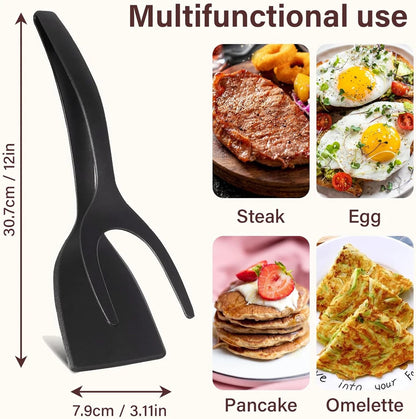 2-in-1 Grip Flip Spatula Tongs - Nylon Non-Stick Egg Flipper for Pancakes, Fish